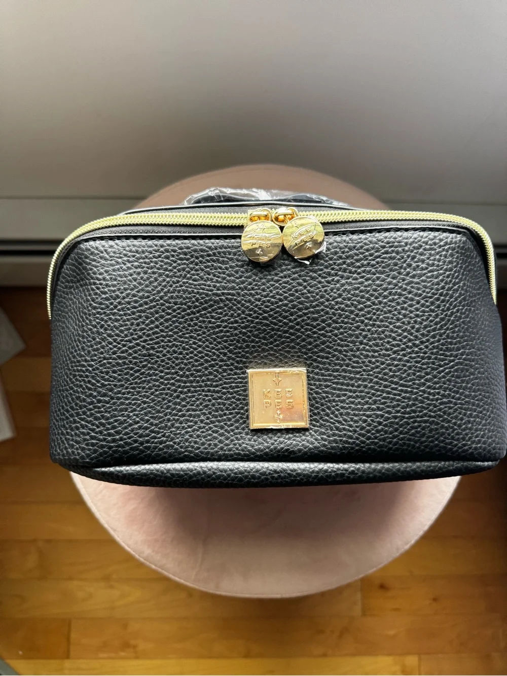 New Keepes Pebble-Texture Black Cosmetic Case with Gold Accents